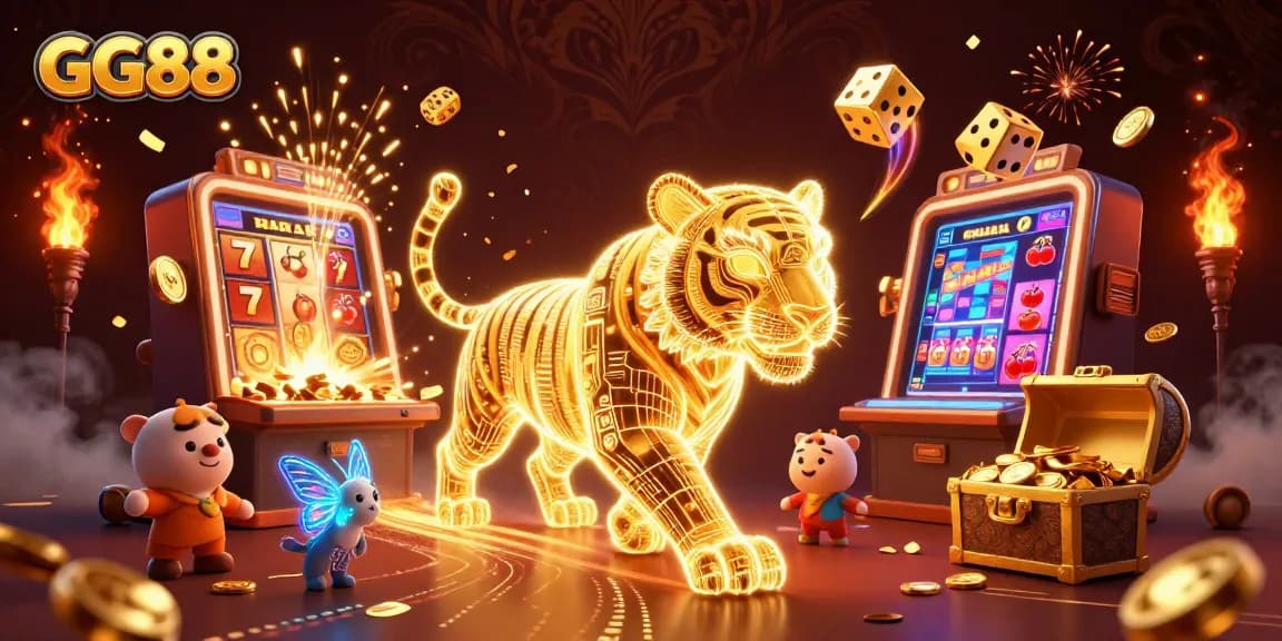 Experience the excitement of GG88 with a golden tiger in a vibrant casino landscape.