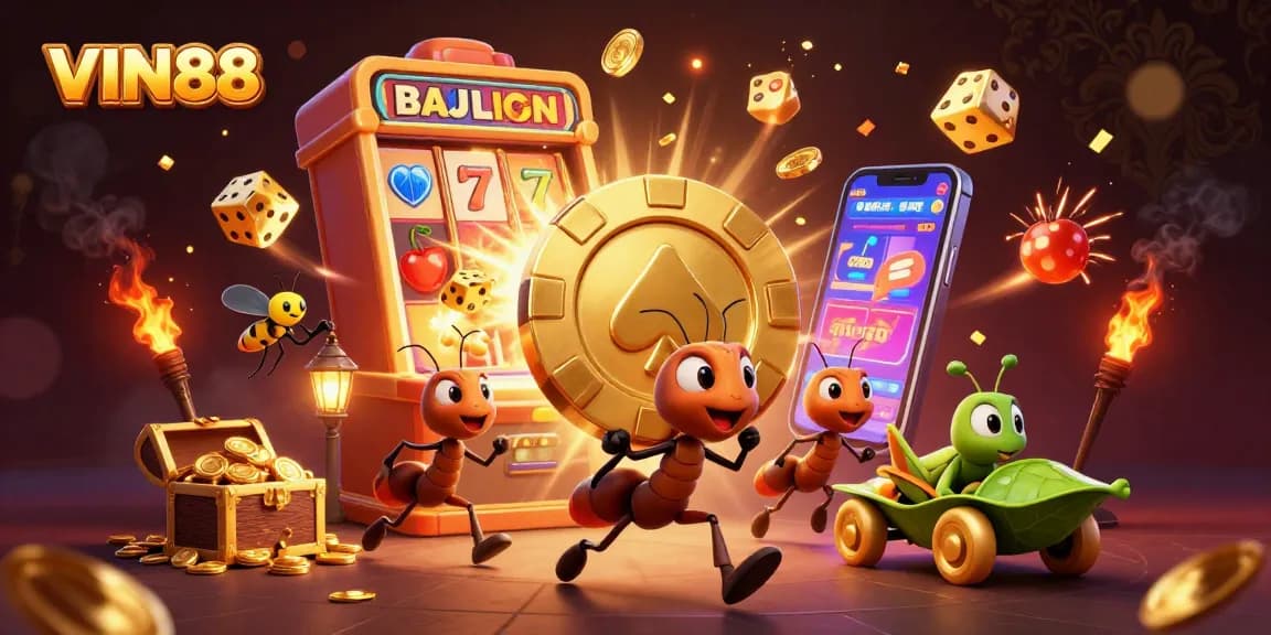 Experience the thrilling world of VIN88 with a team of ants on a heist carrying a giant poker chip, surrounded by colorful casino elements.