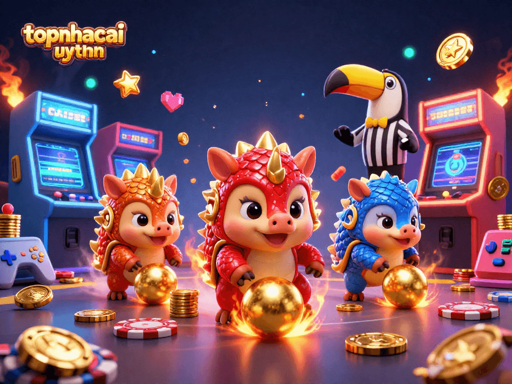 topnhacaiuytinn showcases rival pangolins competing in a vibrant casino arcade atmosphere with golden balls and poker chips.