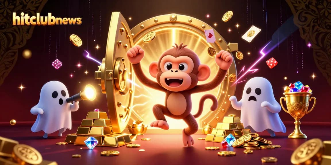 Experience the thrill of hitclubnews with a quirky poltergeist monkey juggling golden casino treasures in a spooky setting.