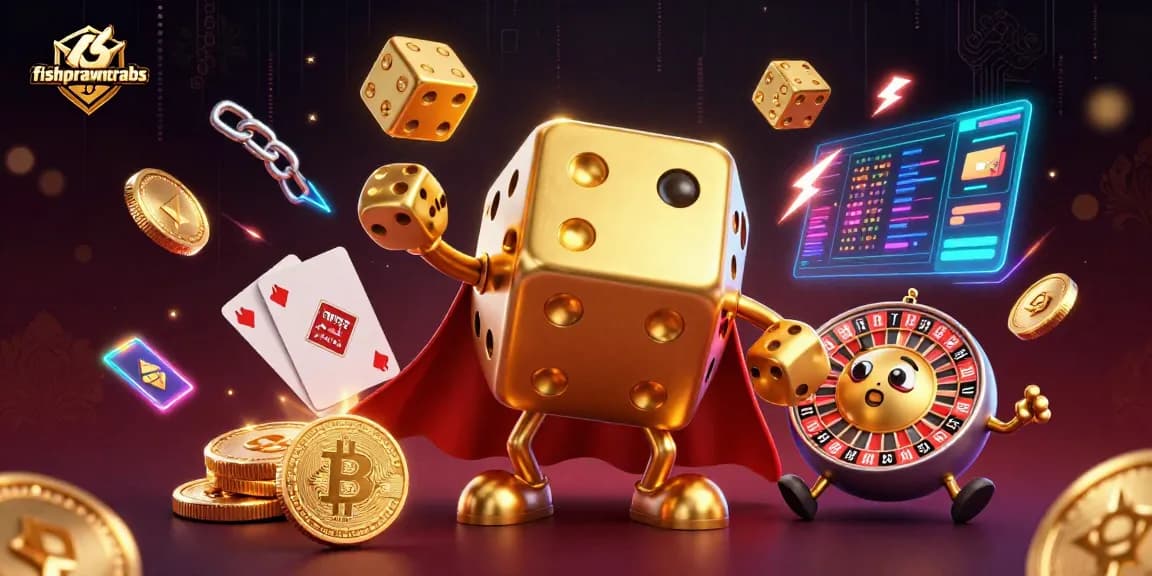 Play fishprawncrabs with vibrant golden dice and cryptocurrencies in a dynamic casino scene.