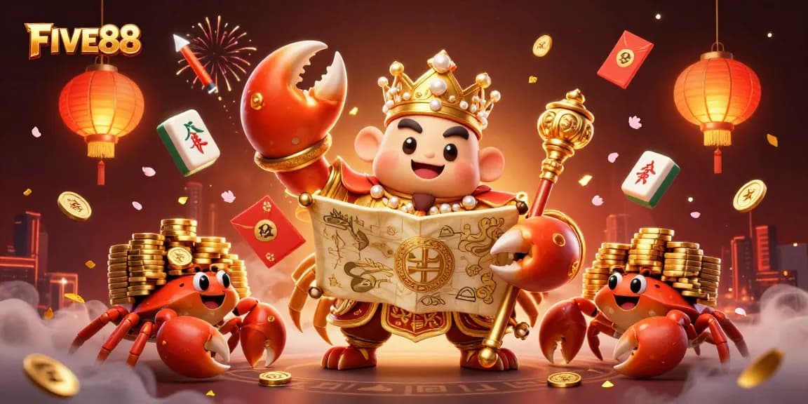Experience thrilling gaming at FIVE88 with a golden crab emperor amidst vibrant casino elements.