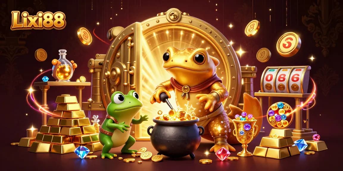 Lixi88 players enjoying a vibrant 3D cartoon casino scene with golden treasures and dynamic game elements.