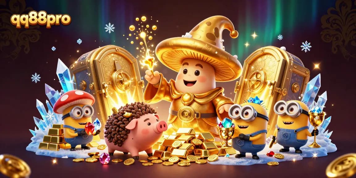 Experience treasure hunting with qq88pro in this dazzling casino-themed 3D illustration full of riches.