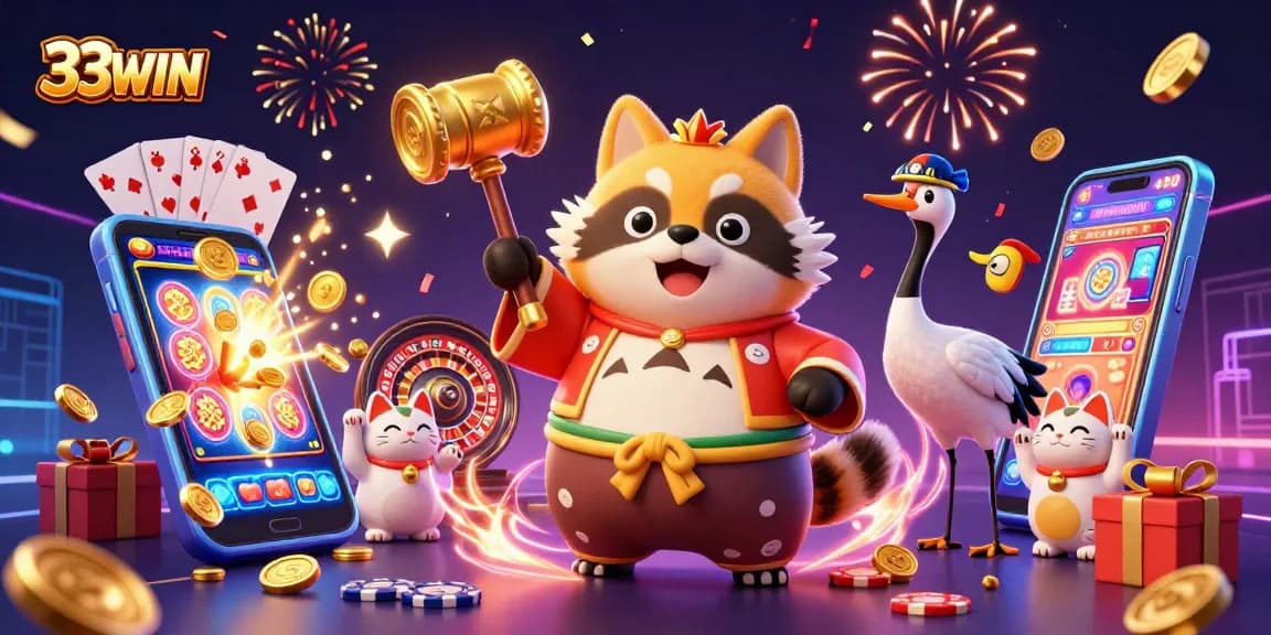 Engage with 33WIN's exciting scene featuring tanuki, crane, and fortune cats celebrating in a vibrant casino atmosphere.