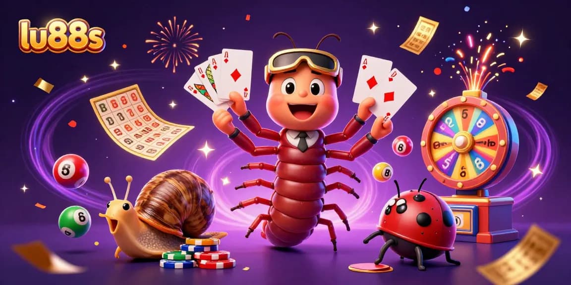 lu88s showcases a lively casino scene with a cartoon millipede dealer and vibrant game elements.