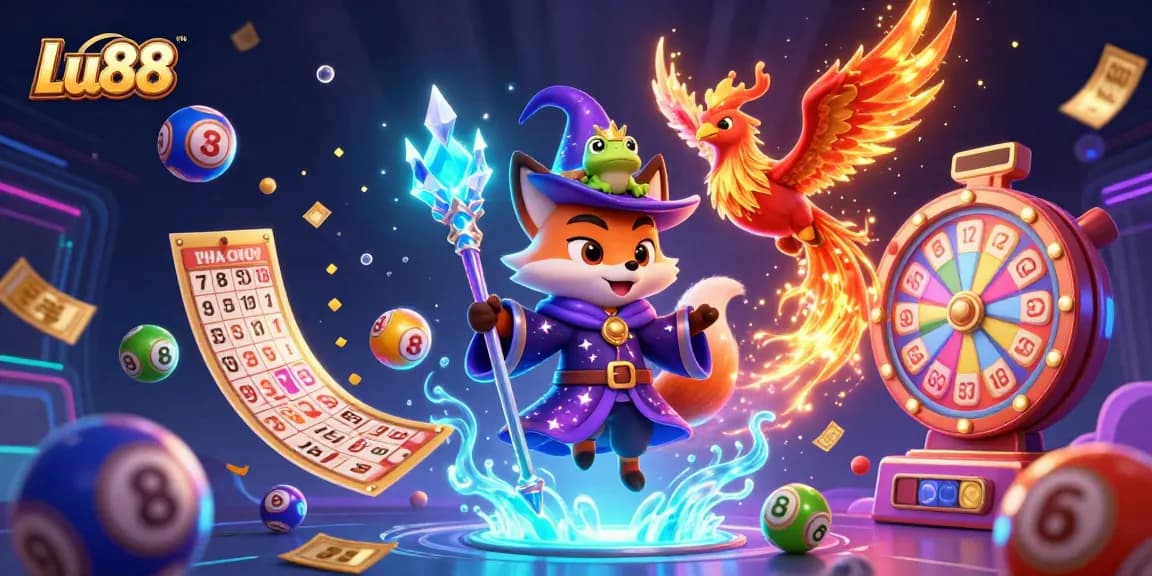 Engage with Lu88's exciting gaming scene featuring animated characters and vibrant lottery elements.