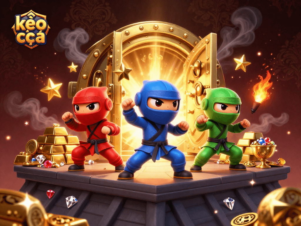 Engaging kèo nhà cái scene with ninja chameleons amidst a treasure vault and gems