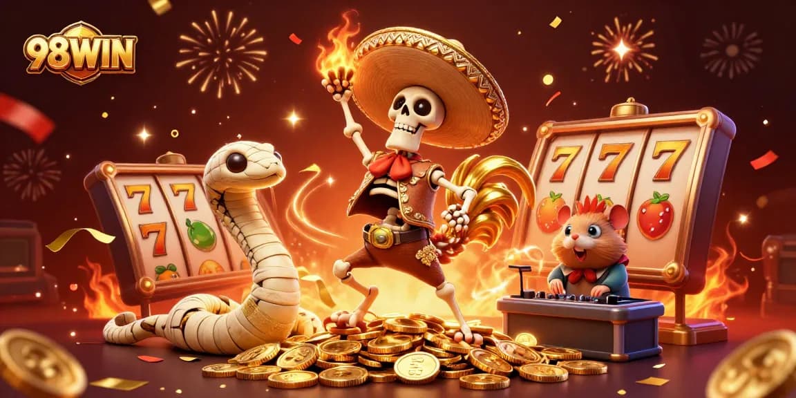 Engage with the vibrant world of 98WIN, featuring a lively mariachi rooster celebrating amid golden coins and slot reels.