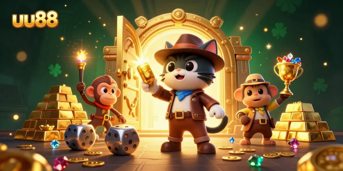 Explore exciting casino adventures with uu88 in a vibrant 3D treasure scene filled with riches and game elements.