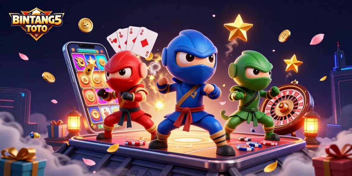 BINTANG5TOTO showcases a vibrant scene with chameleon ninjas amid casino elements and dynamic game action.