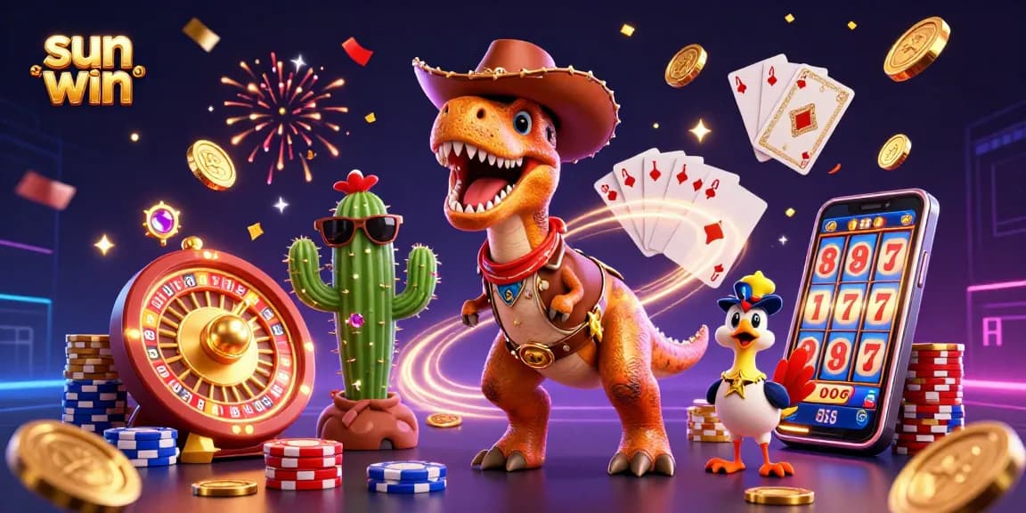 Win big with sun win in this dynamic 3D casino scene featuring cartoon characters and gaming elements.