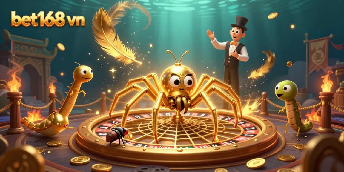 Experience the thrill of betting with bet168 vn, featuring a golden spider and croupier in a vibrant casino backdrop.