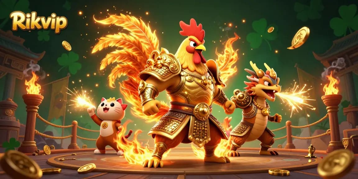 Experience thrilling gameplay at Rikvip with a vibrant scene of a warrior rooster and dragon in action.