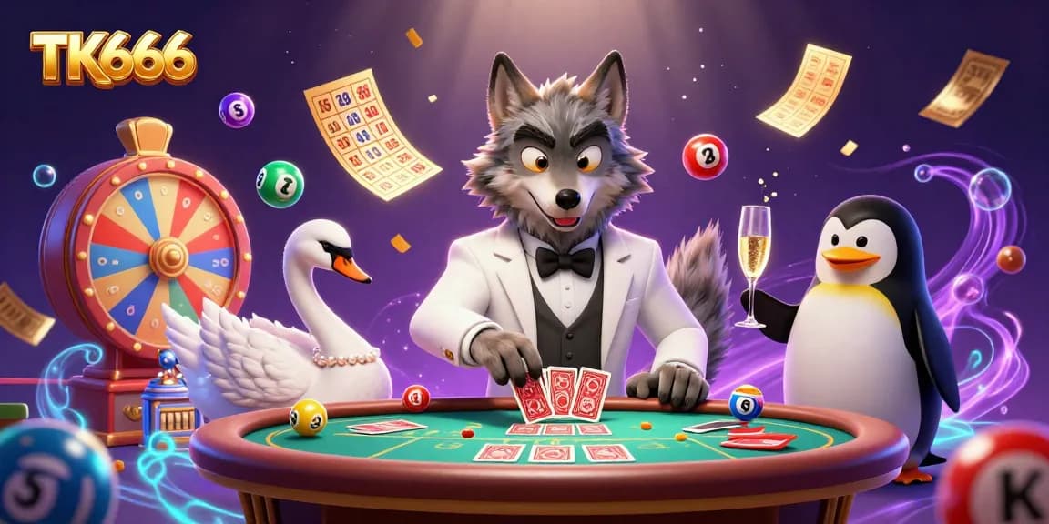 Engage in thrilling TK666 casino gaming with a debonair wolf, elegant swan, and sophisticated penguin serving drinks.