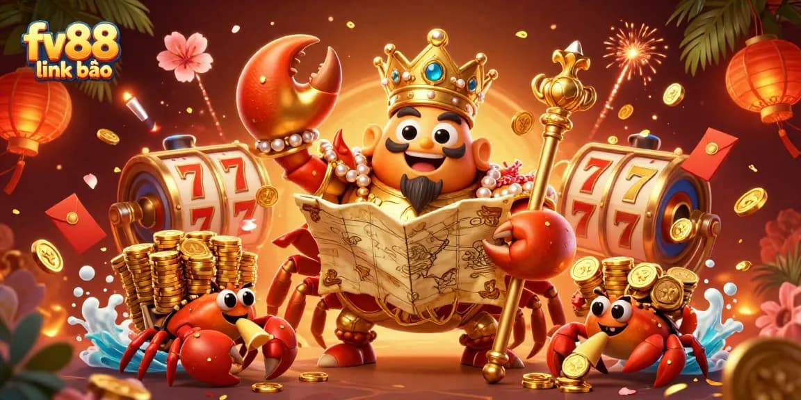 Engage in thrilling gameplay with fv88 link vào, featuring a golden crab emperor and lucky slot reels.