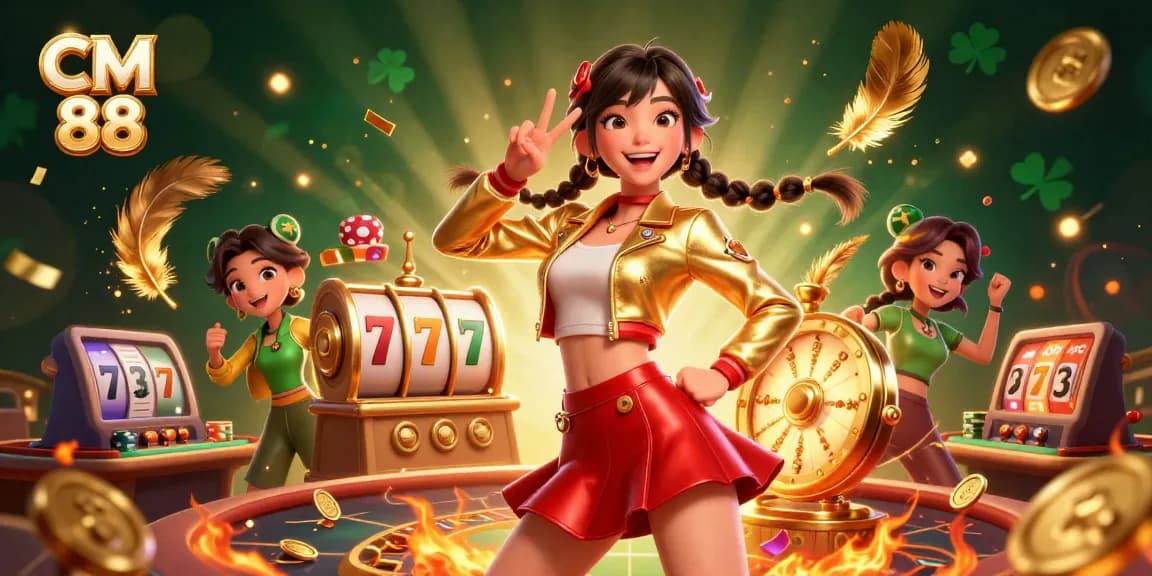 Engage with CM 88 casino action featuring a joyful Asian woman celebrating wins amid vibrant slot reels and confetti.