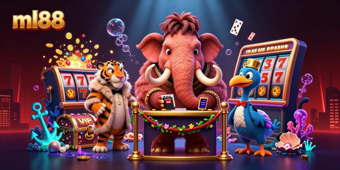 Celebrate the excitement of ml88 with an engaging casino illustration featuring bold characters and vibrant gaming elements.