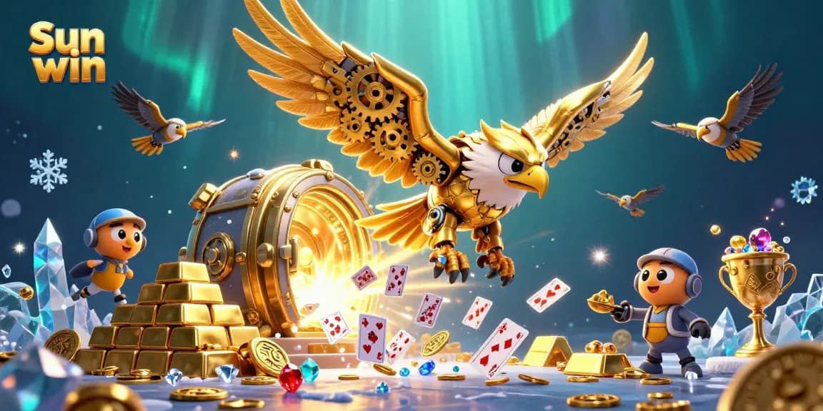 Play exciting games at Sun win as the cybernetic golden eagle dives through cards in a treasure-filled world.