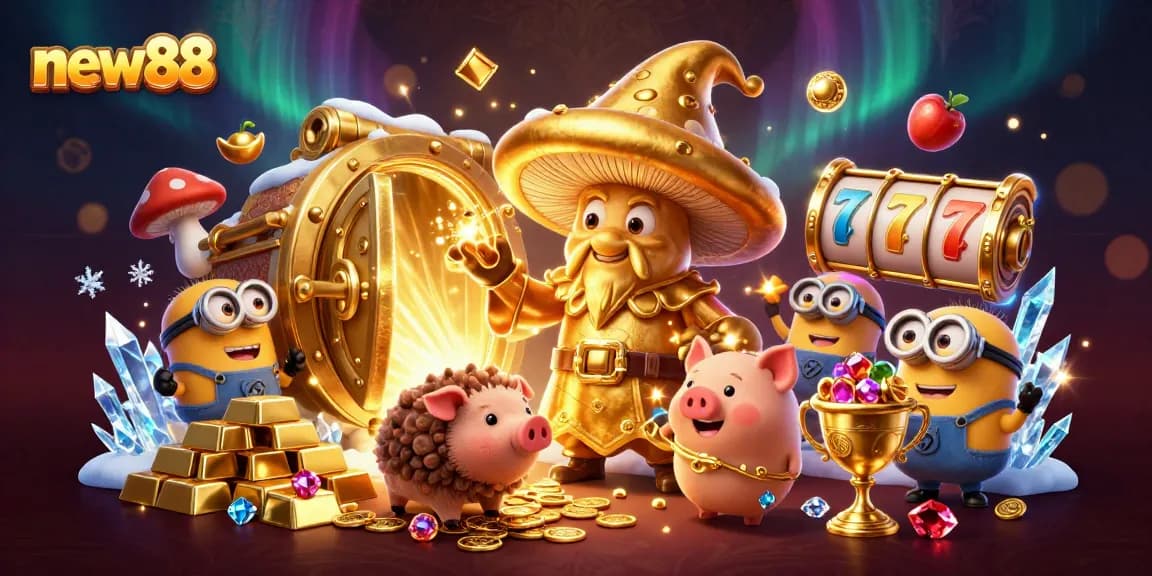 Experience winning with new88 through enchanting golden magic and treasures in this vibrant 3D illustration.