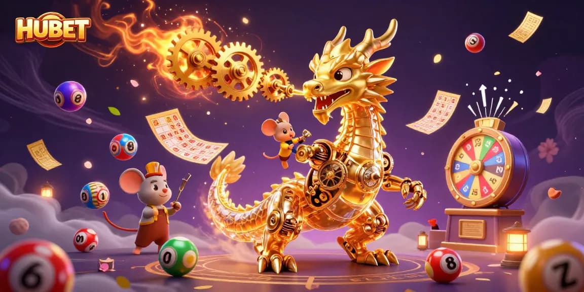 Experience the thrill of HUBET with a golden dragon amidst dynamic casino elements.
