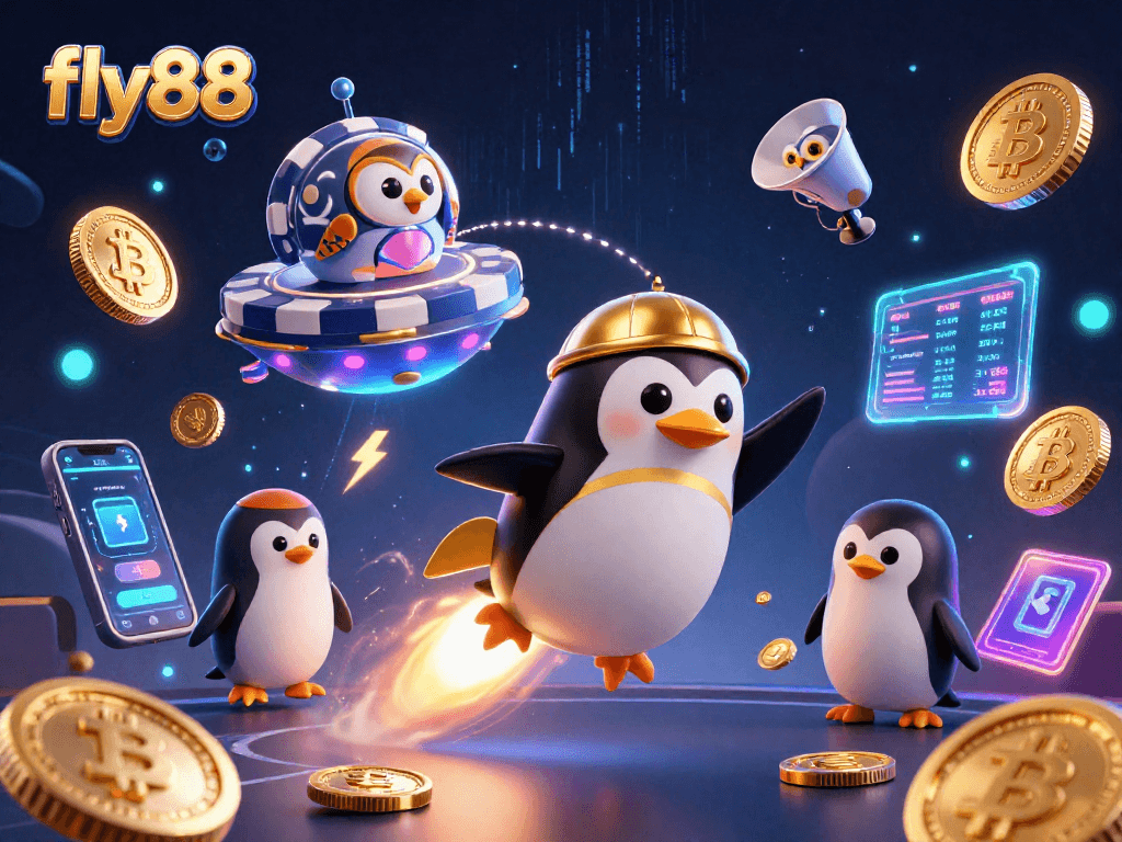 Experience exhilarating wins at fly88, featuring a penguin in space directing golden coins towards a dazzling casino chip.