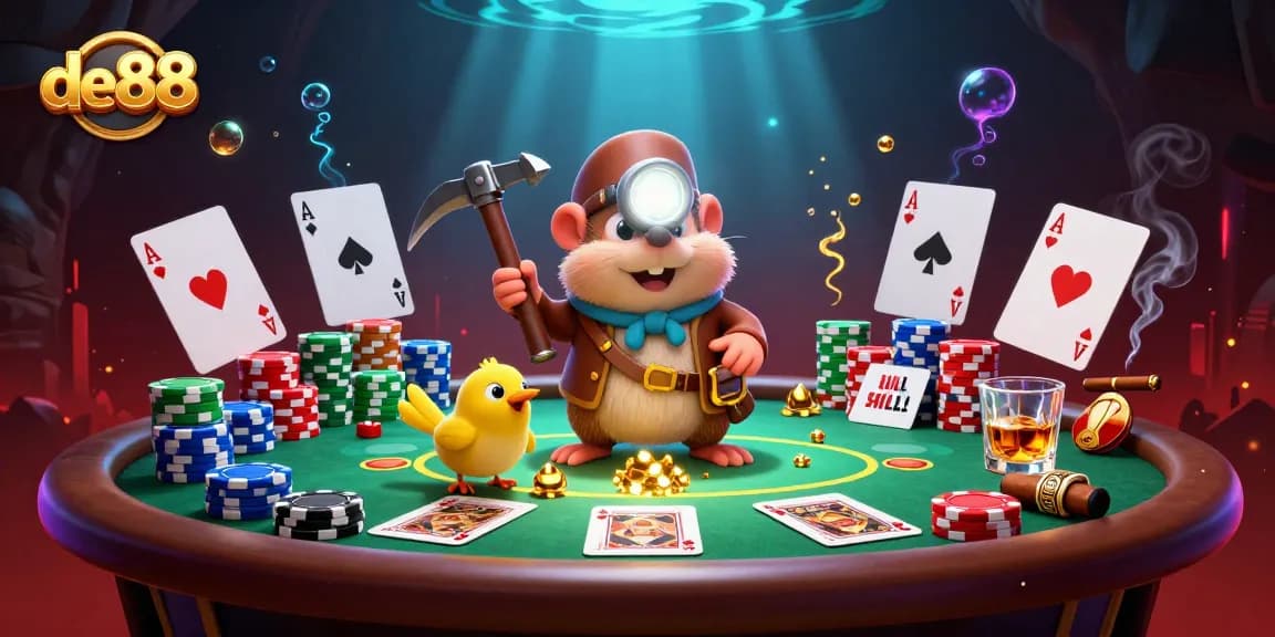 Join the treasure hunter mole in a vibrant de88-themed casino adventure surrounded by poker elements.