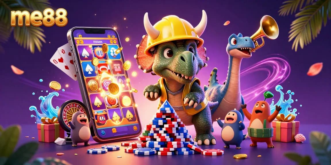 Experience excitement at me88 with engaging casino games, poker chips, and festive celebration.