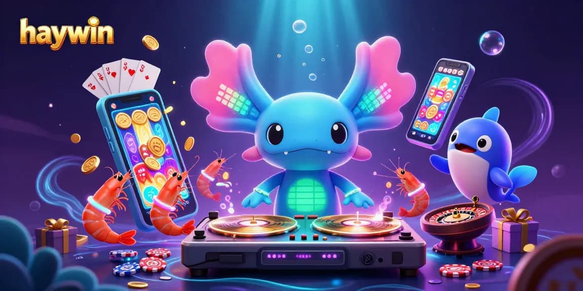Experience the underwater thrill of haywin with a neon axolotl DJ and vibrant casino elements.