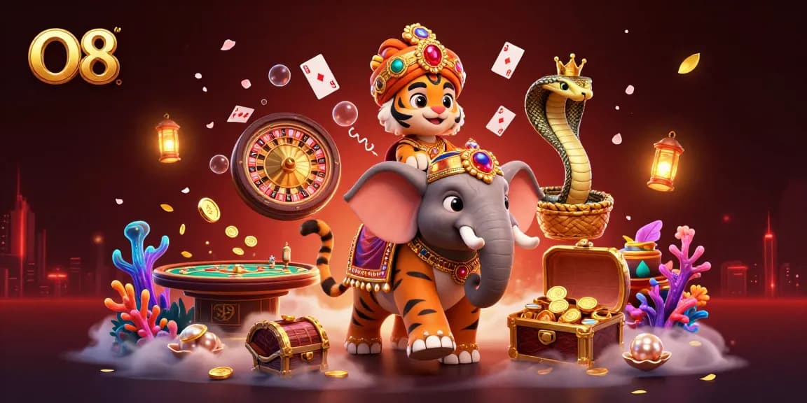 Play casino games with O8 in a vibrant, immersive 3D scene featuring a maharaja tiger and elephants.