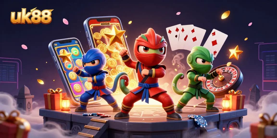 Experience thrilling gameplay and strategies with uk88's vibrant online casino showcasing ninja chameleons and gaming elements.