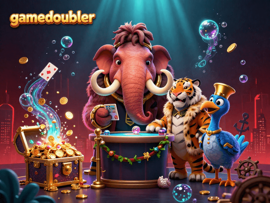 Experience gamedoubler with a vibrant scene of a woolly mammoth bouncer checking IDs at a casino.