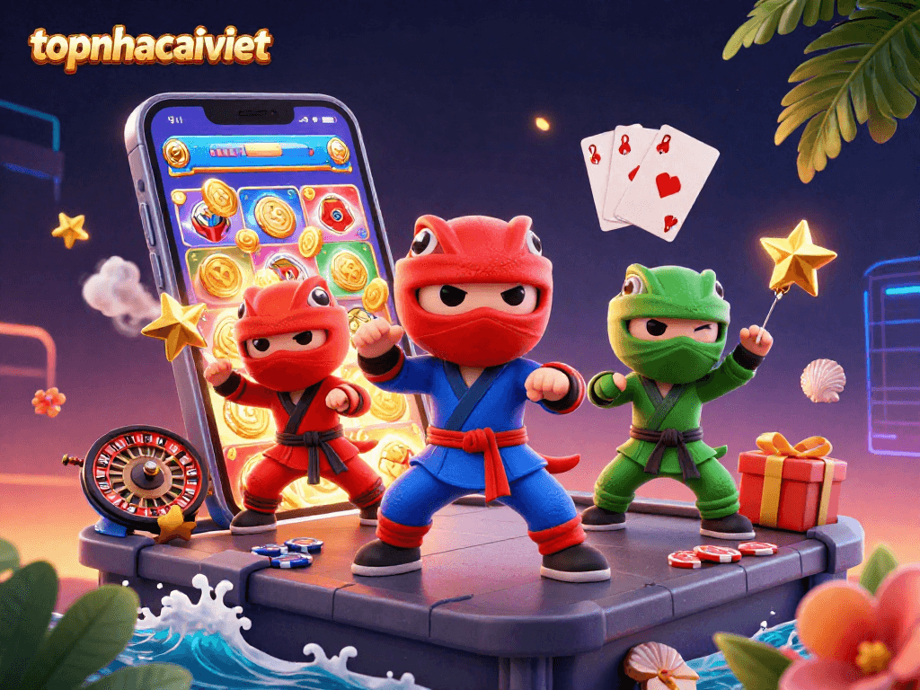 Engage with topnhacaiviet's vibrant online casino gaming scene featuring cartoon chameleons in action.