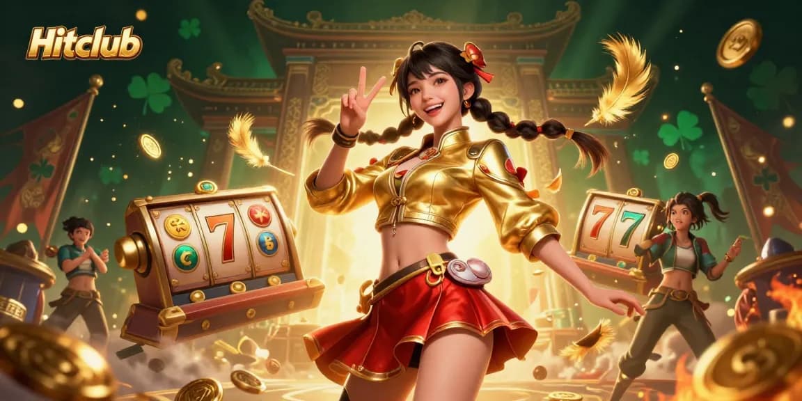 Hitclub slots experience with a joyful Asian woman celebrating colorful jackpots and winnings.