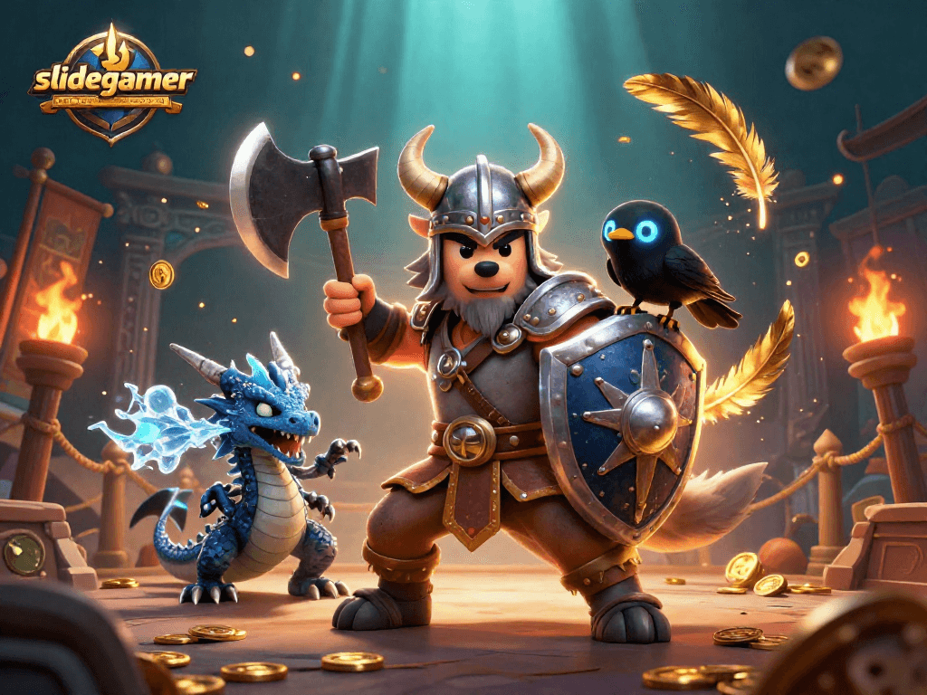 Join the slidegamers adventure with a Viking warrior and dragon in a dynamic casino arena scene.