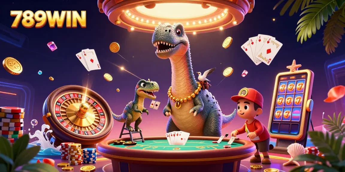 Experience thrilling gaming at 789WIN with a dynamic casino scene featuring a towering brontosaurus.