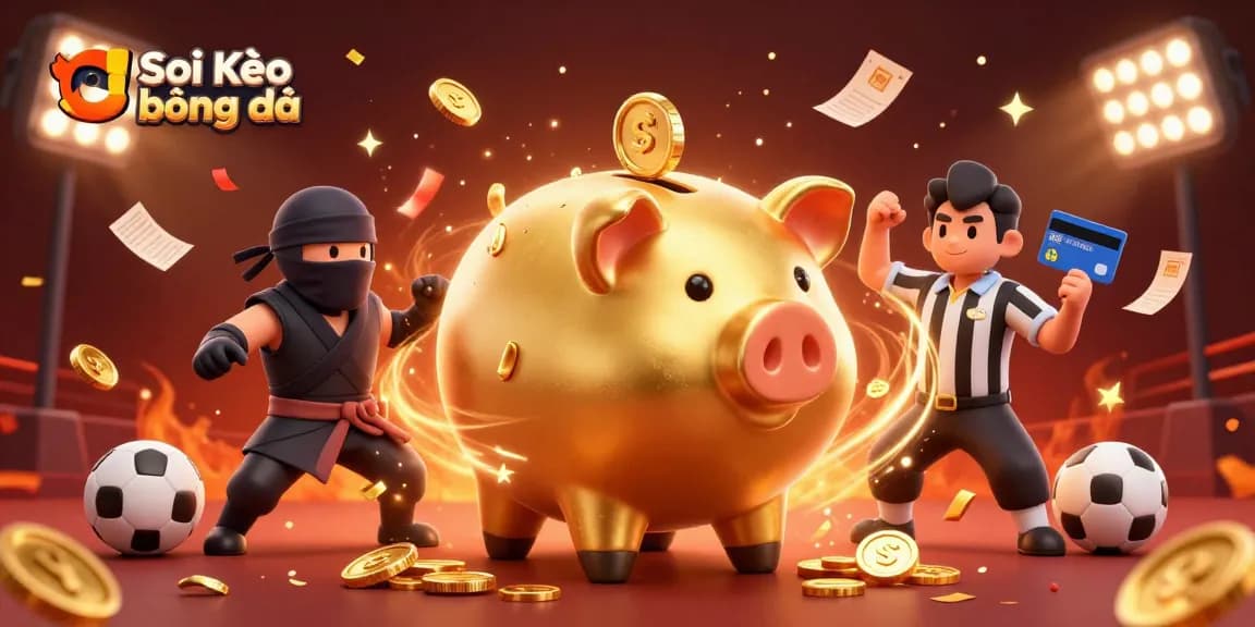 Soi Kèo bóng đá action scene with a golden piggy bank sumo wrestler and ninja characters surrounded by trophies and confetti.