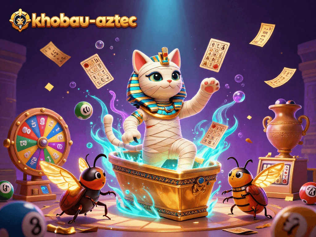 Experience thrilling gameplay with khobau-aztec, featuring a 3D Egyptian mummy cat and dynamic casino elements.