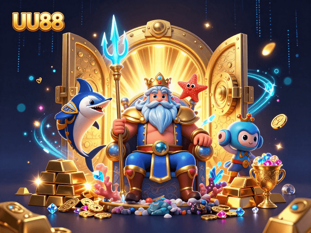 Experience UU88's vibrant casino world with Neptune, treasure, and sparkles