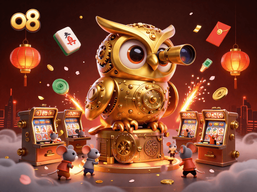 Engage with exciting o8 casino action featuring a grand golden owl overseeing vibrant slot machines and festive elements.
