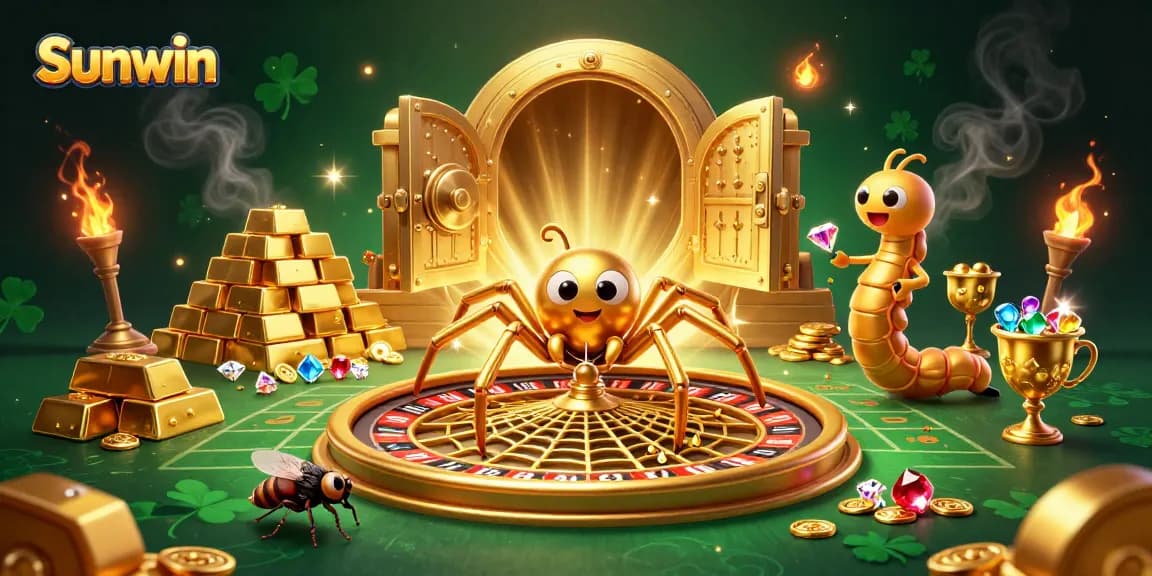 Experience thrilling bets at Sunwin with a dynamic roulette wheel scene featuring a golden spider and croupier.