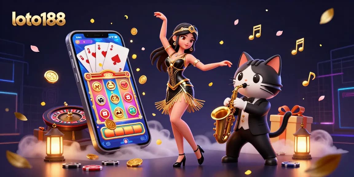 Loto188 brings vibrant slot game excitement with a dancing woman, musical cat, and dynamic casino elements.