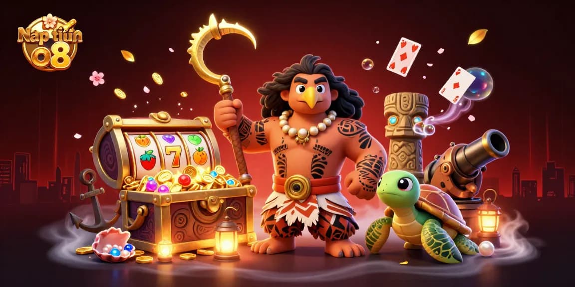 Engage in Nạp tiền o8 with vibrant 3D illustration showcasing gambling elements and a Polynesian demigod.