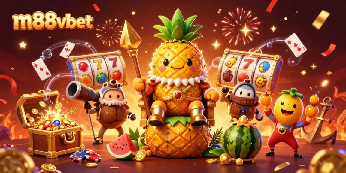 Engage with m88vbet's lively casino scene featuring colorful characters, treasure elements, and gaming excitement.