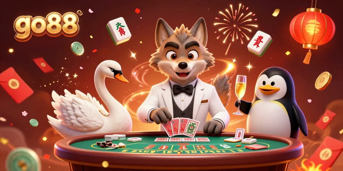 Engaging go88 online casino scene featuring a wolf, swan, and penguin celebrating with cards and champagne