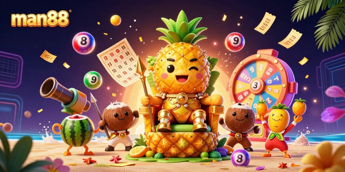 Experience the vibrant atmosphere of man88 with lively casino characters amidst colorful game elements.