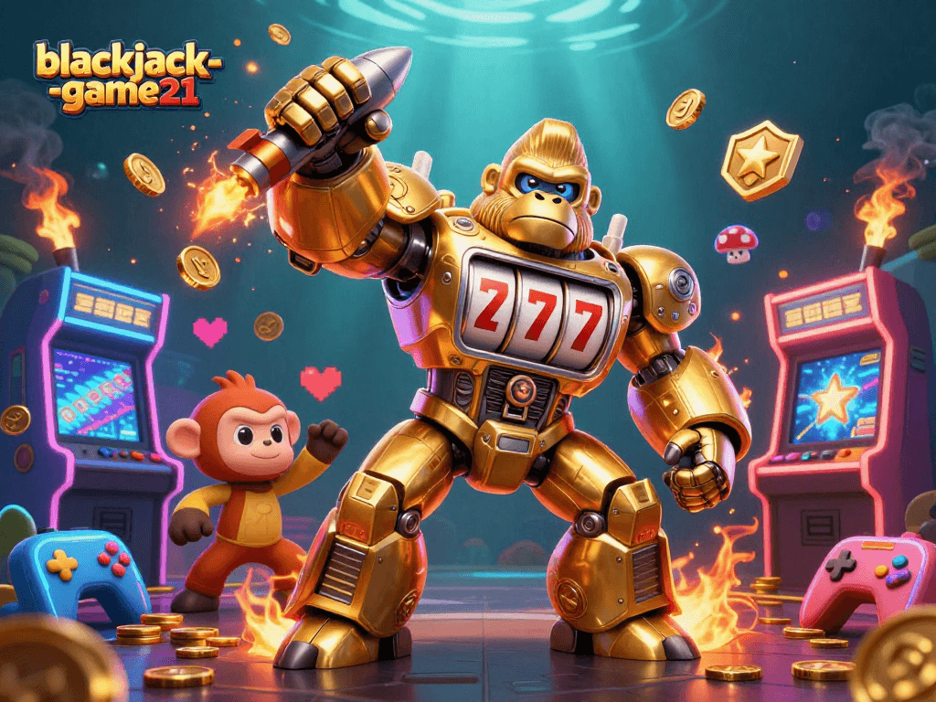 Engage in immersive gameplay with blackjack-game21's dynamic 3D illustration featuring a mechanical gorilla mech.