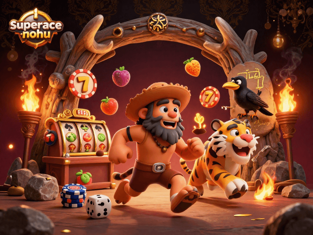 Win big with superace-nohu in this illustrated prehistoric casino scene featuring slot elements.