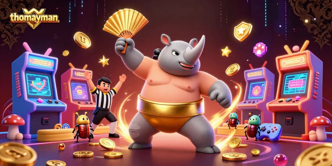 thomayman brings excitement with a sumo beetle champion and golden coins flying in a vibrant gaming scene