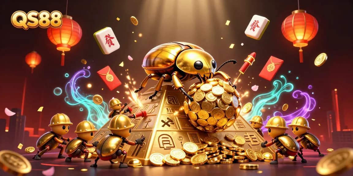 Experience the excitement of QS88 with golden beetles and casino symbols amidst a vibrant scene.